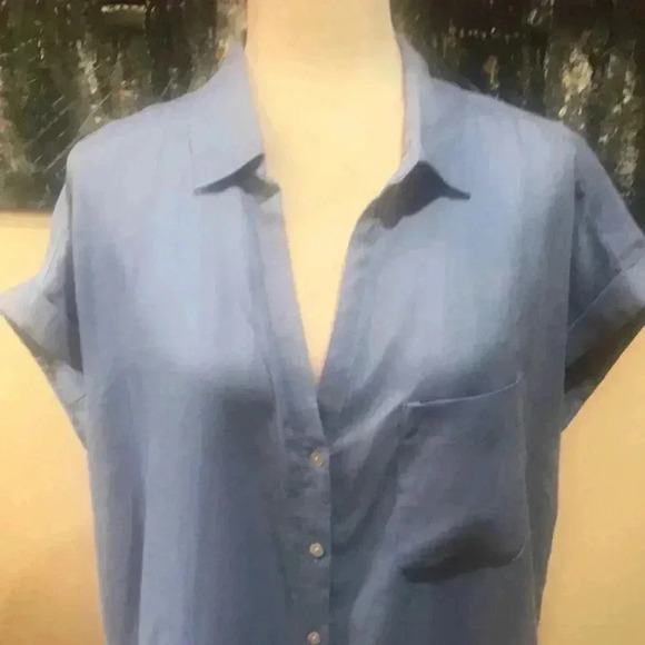 RACHEL ZOE Blue V Neck Collar Button Down 100% Linen Hi-Low Oversized Top - Picture 5 of 13